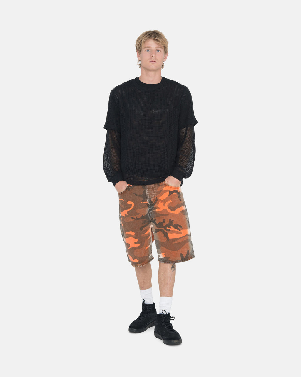 Online Stussy Bottoms Store - Orange Camo Spray Dye Big Ol' Shorts